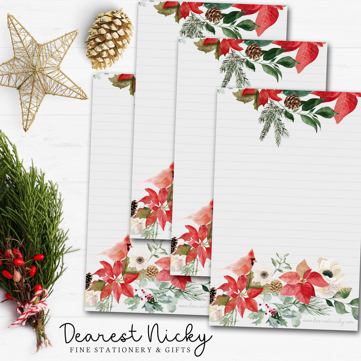 Poinsettias & Cardinal Letter Writing Paper