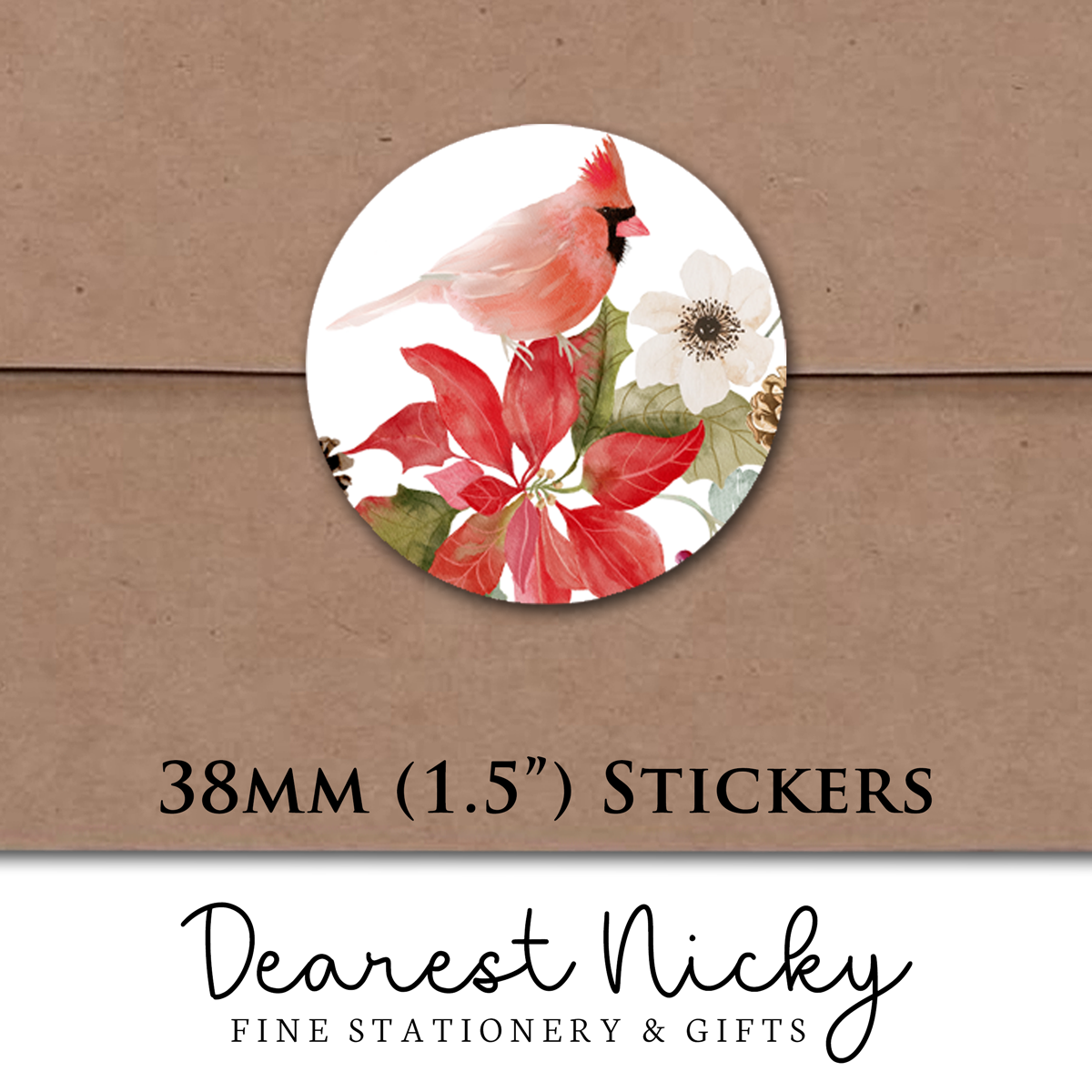 Poinsettias & Cardinal Envelope Seals - Set of 30 Stickers