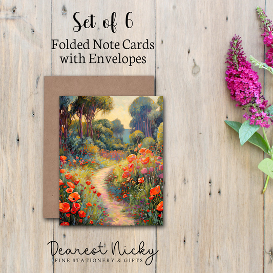 Poppy Garden Folded Note Cards - Blank Inside - Set of 6 with Envelopes