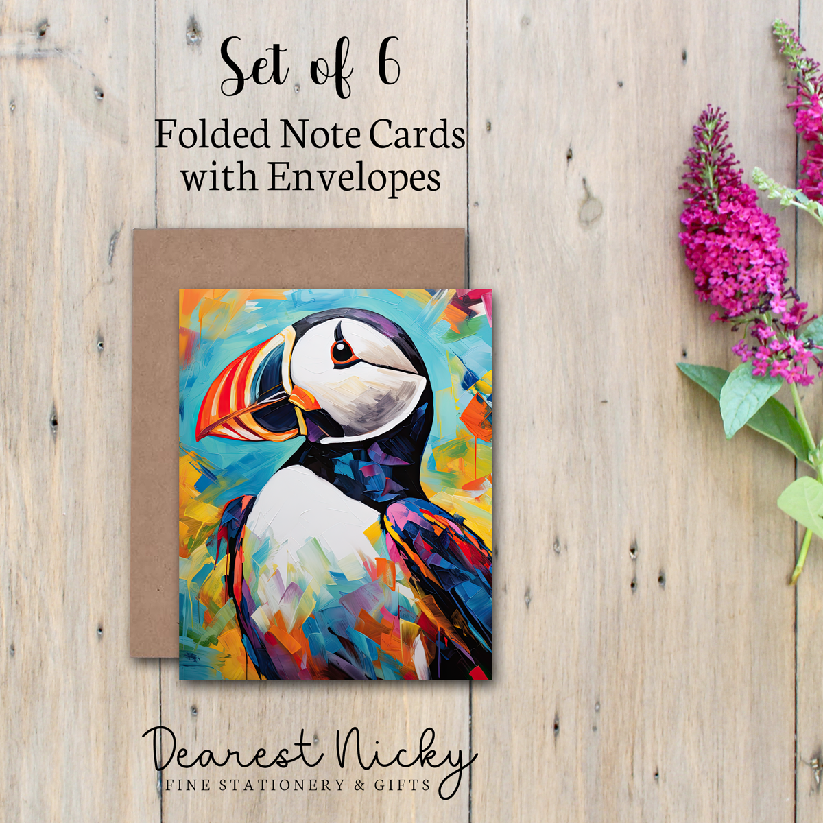 Puffin Folded Note Cards - Blank Inside - Set of 6 with Envelopes