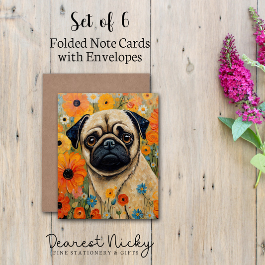 Pug Folded Note Cards - Blank Inside - Set of 6 with Envelopes