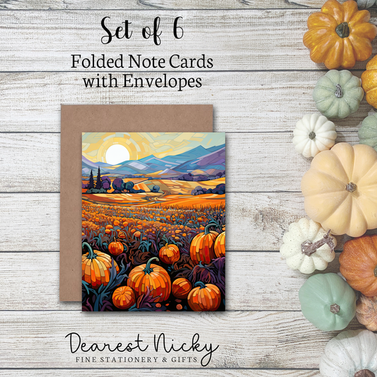 Pumpkin Patch Folded Note Cards - Blank Inside - Set of 6 with Envelopes