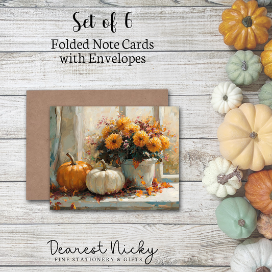 Pumpkins & Mums Folded Note Cards - Blank Inside - Set of 6 with Envelopes