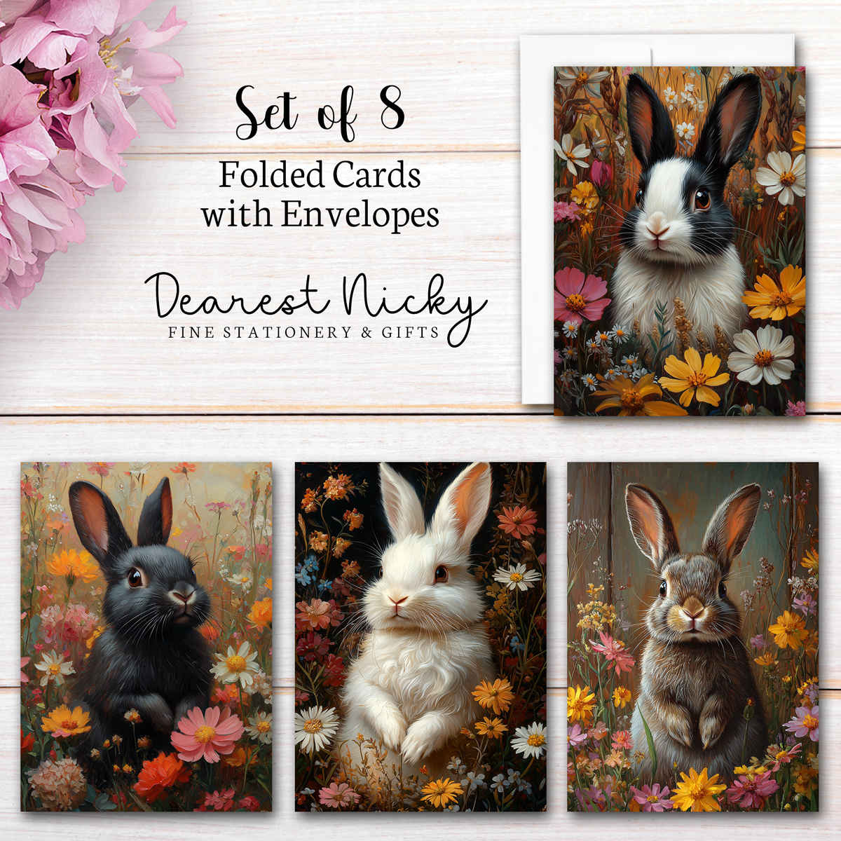 Rabbits Greeting Card Set - Blank Inside - Set of 8 with Envelopes