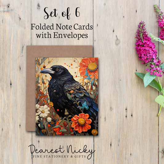 Raven Folded Note Cards - Blank Inside - Set of 6 with Envelopes