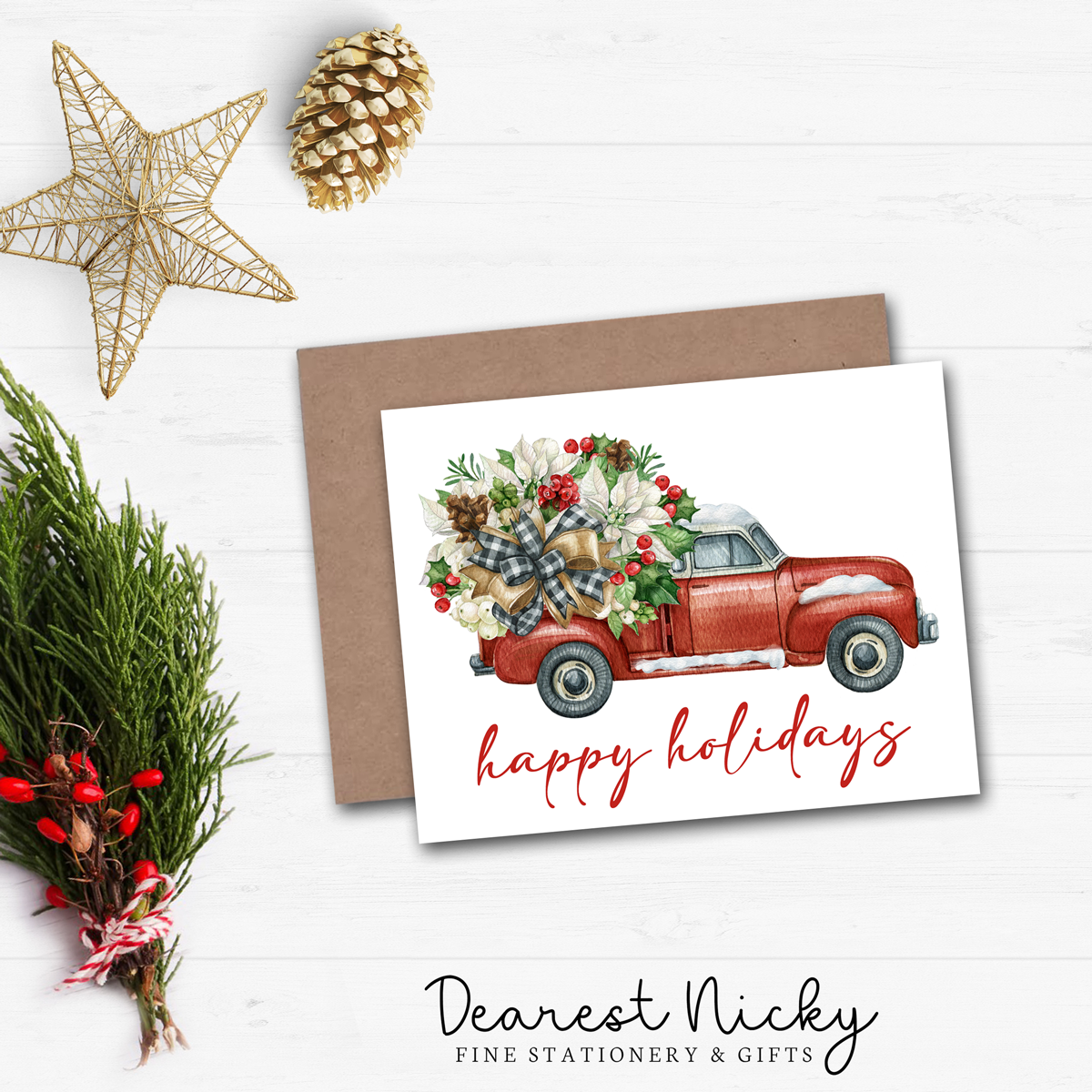 Red Truck Christmas Cards - Happy Holidays - Blank Inside - Set of 6 with Envelopes