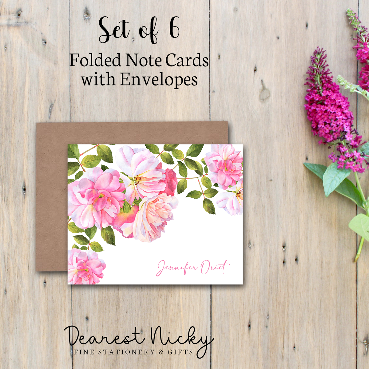 Roses II Personalized Folded Note Cards - Blank Inside - Set of 6 with Envelopes