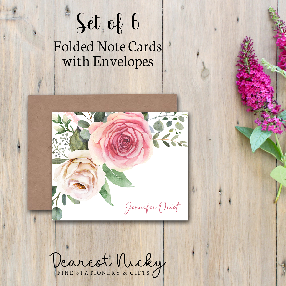 Roses Personalized Folded Note Cards - Blank Inside - Set of 6 with Envelopes