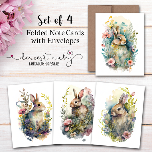 Cartes de notes pliées Spring Bunnies - Intérieur vierge - Ensemble de 4 avec enveloppes