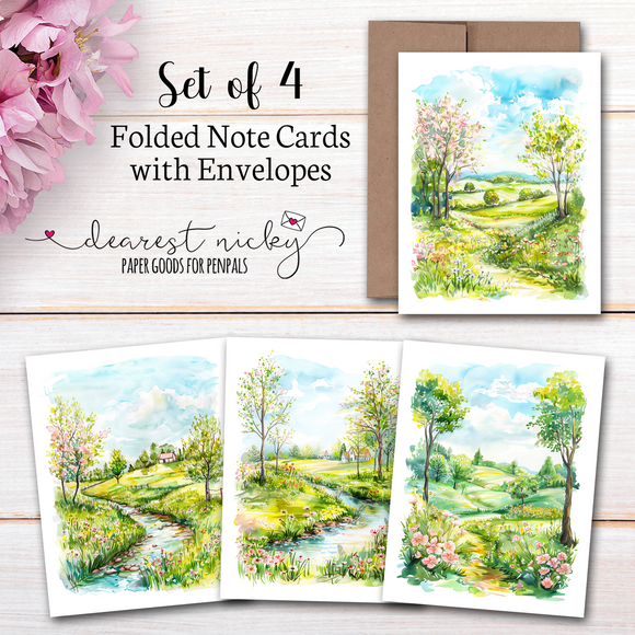 Spring Meadows Folded Note Cards - Blank Inside - Set of 4 with Envelopes