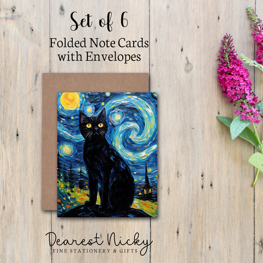 Starry Night Cat Folded Note Cards - Blank Inside - Set of 6 with Envelopes