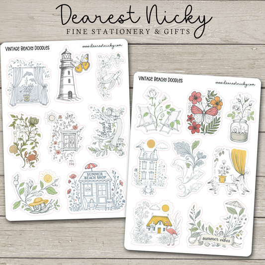 Vintage Beachy Doodles Stickers - 2 Sheets