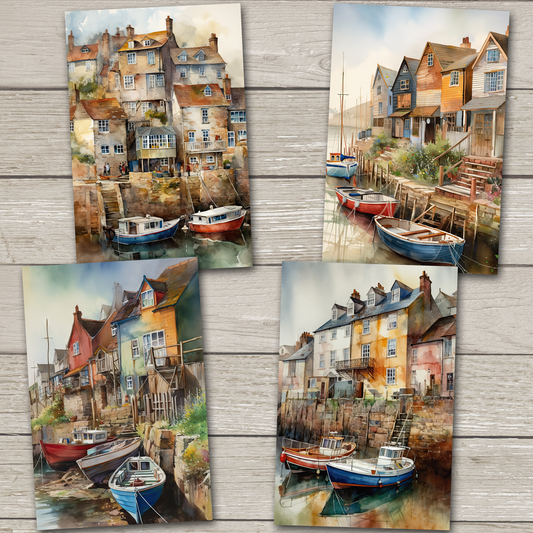 Cartes postales Village Harbour - Ensemble de 4 - Nouveau papier cartonné Premium