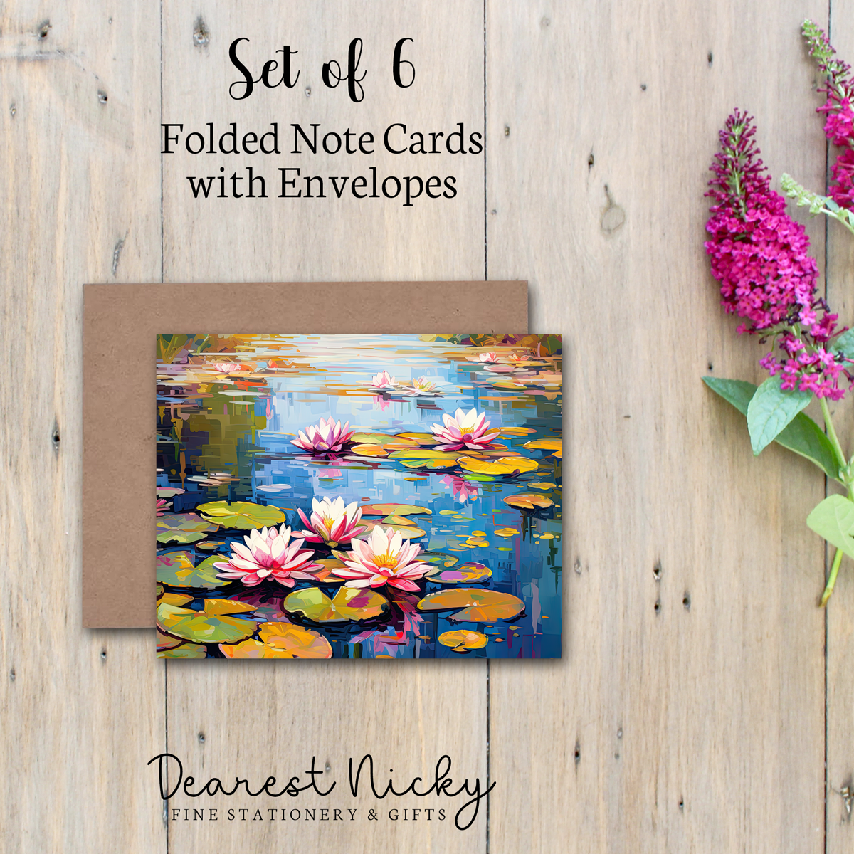 Water Lilies Folded Note Cards - Blank Inside - Set of 6 with Envelopes