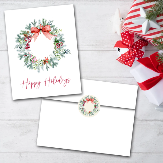 Watercolour Wreath Christmas Cards - Blank Inside - Set of 6 with Envelopes + Seals