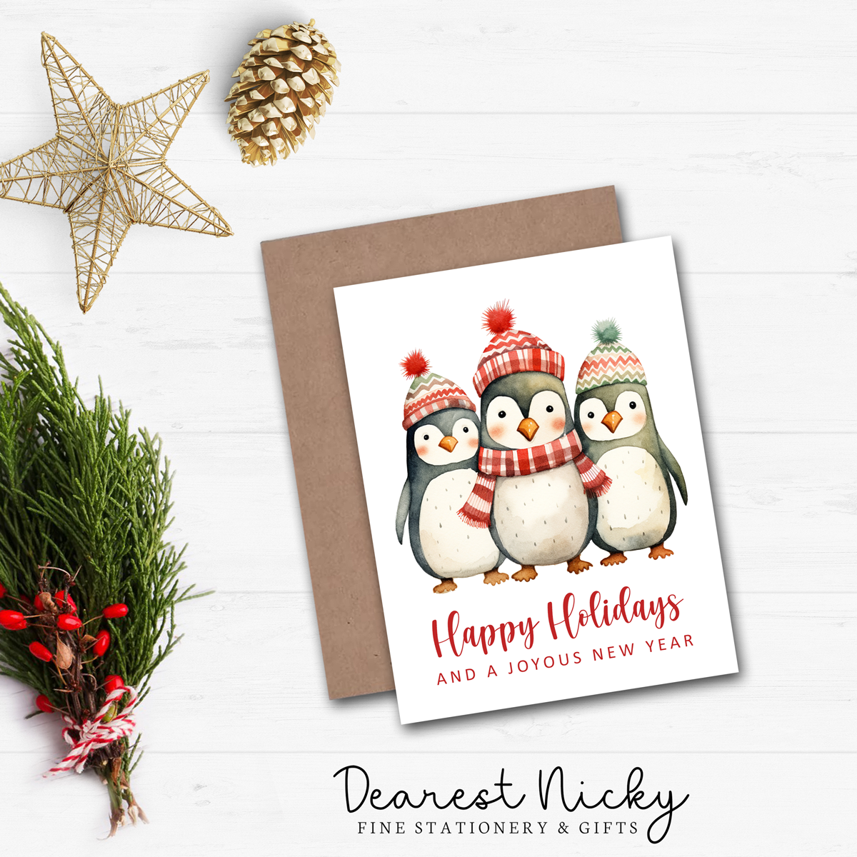 Winter Penguins Christmas Cards - Happy Holidays - Blank Inside - Set of 6 with Envelopes