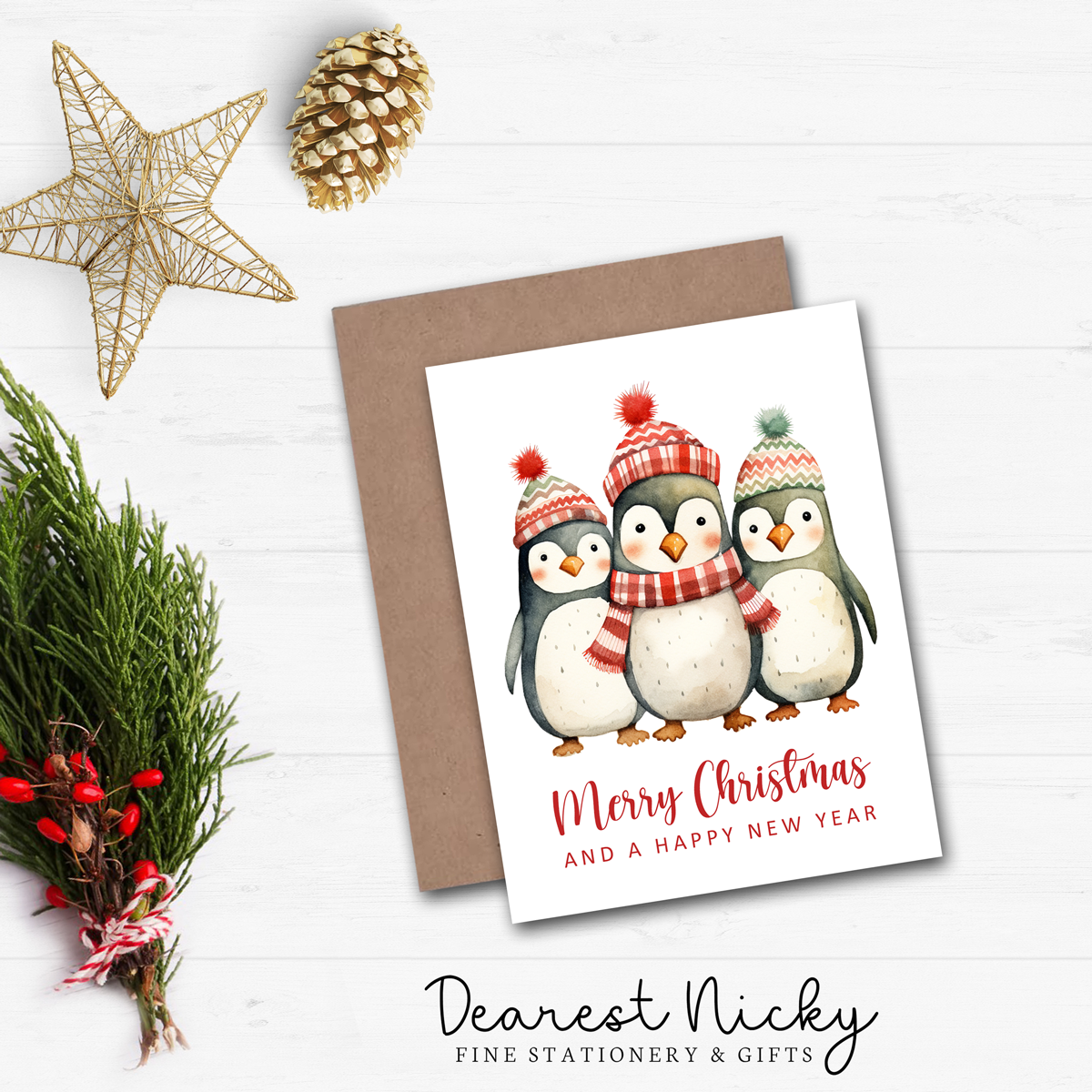 Winter Penguins Christmas Cards - Merry Christmas - Blank Inside - Set of 6 with Envelopes