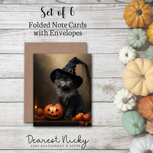 Witch Kitty Folded Note Cards - Blank Inside - Set of 6 with Envelopes