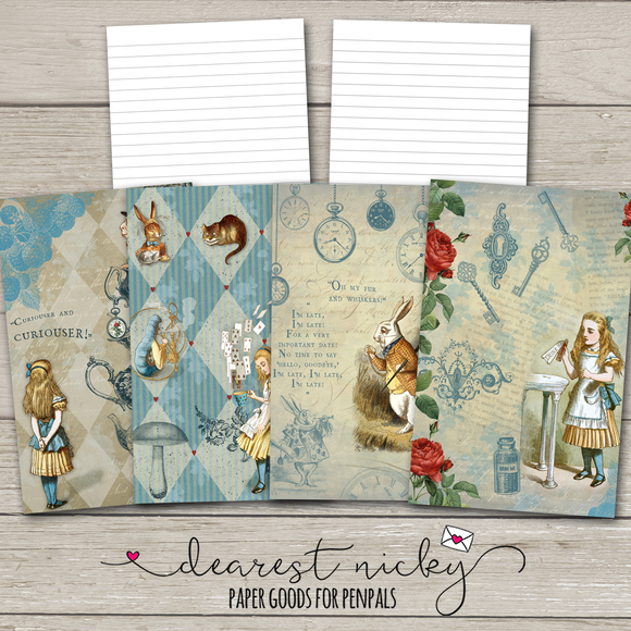 Alice in Wonderland Double Sided Letter Writing Paper - Lined on One Side - 16 sheets