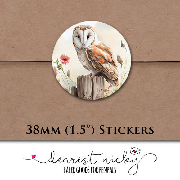 Barn Owl on Post Envelope Seals <br> Set of 30 Stickers