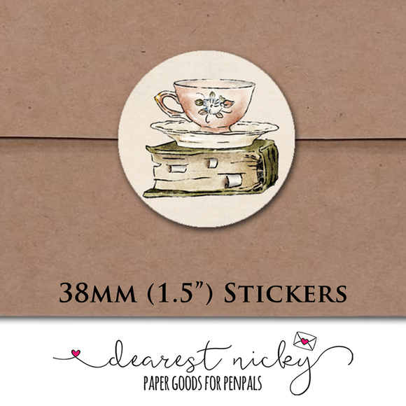 Books and Tea Envelope Seals <br> Set of 30 Stickers