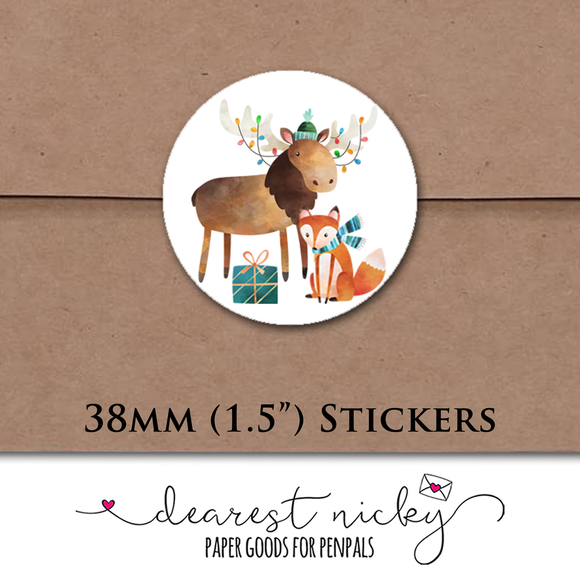 Christmas Moose and Friends Envelope Seals <br> Set of 30 Stickers