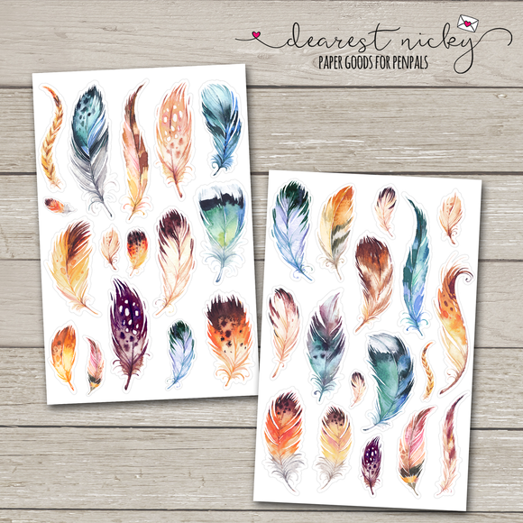 Watercolour Feathers Stickers - 2 Sheets