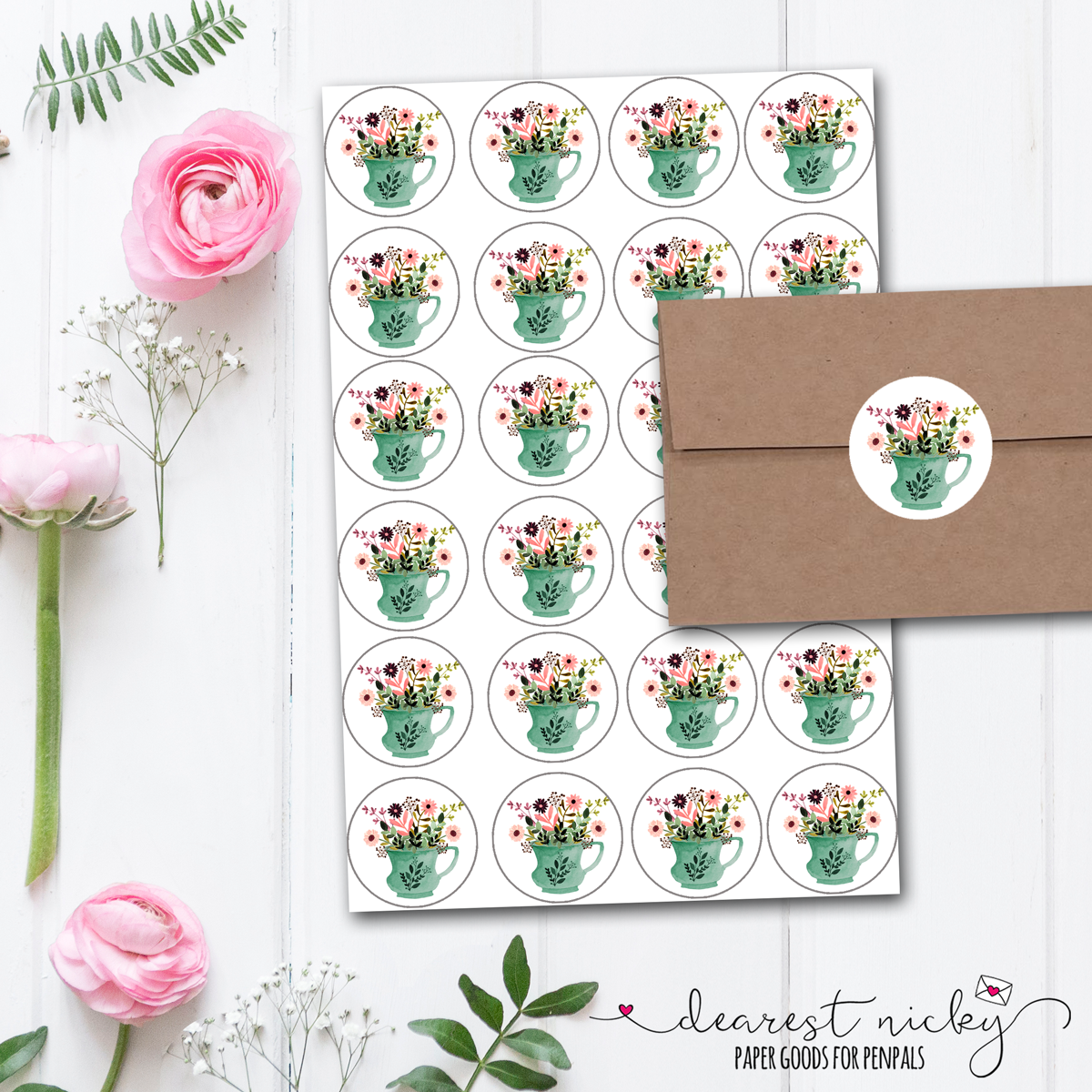 Flower Teacup Envelope Seals - Set of 30 Stickers