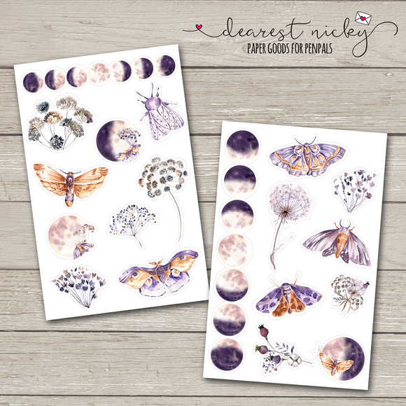 Moon Phases and Moths Stickers - 2 Sheets