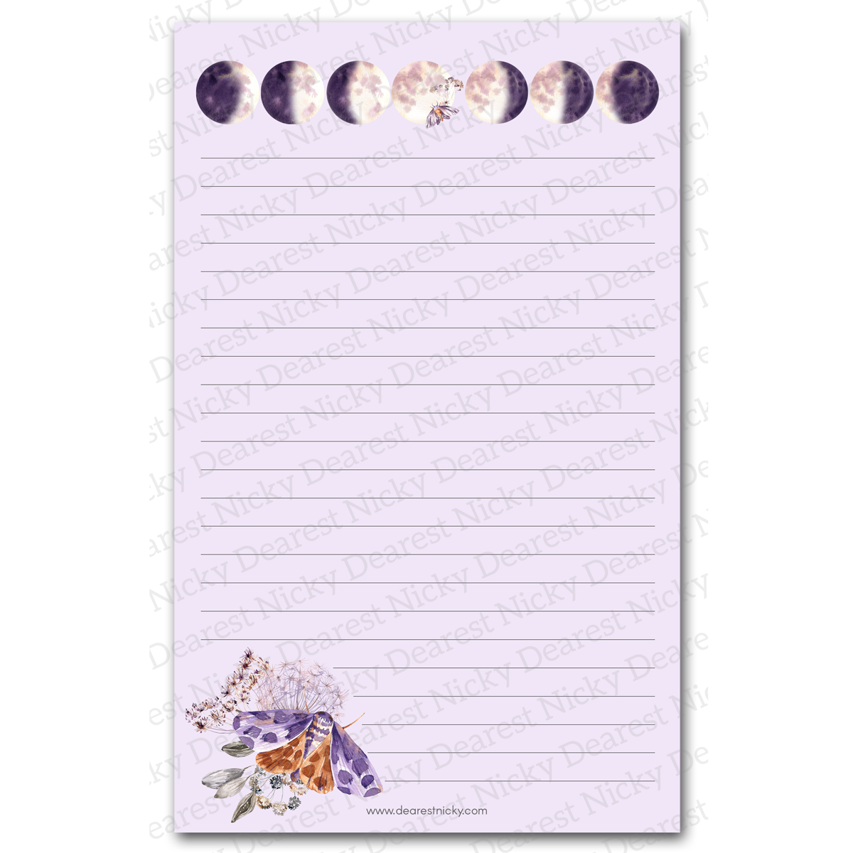 Ensemble d'écriture de lettres avec phases de lune et papillons de nuit