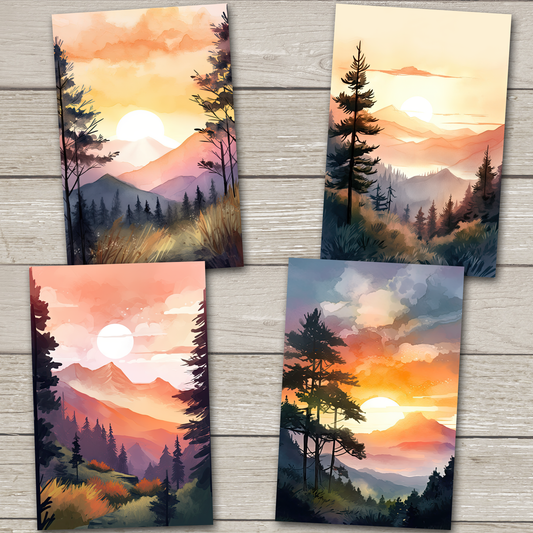 Cartes postales Mountain Sunset - Ensemble de 4 - Nouveau papier cartonné Premium