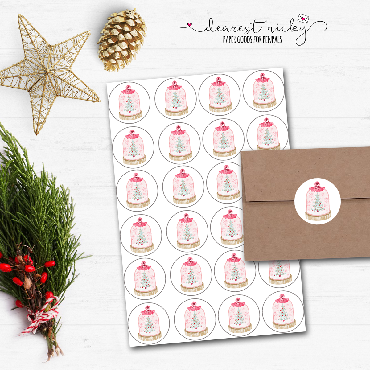 Pink Snow Globe Envelope Seals - Set of 30 Stickers