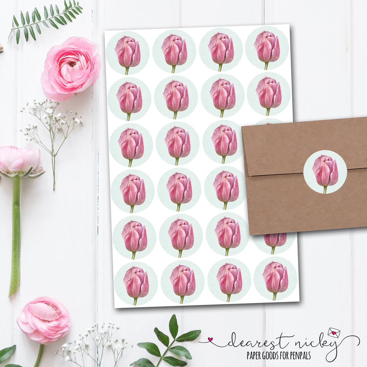 Pink Tulips Envelope Seals - Set of 30 Stickers