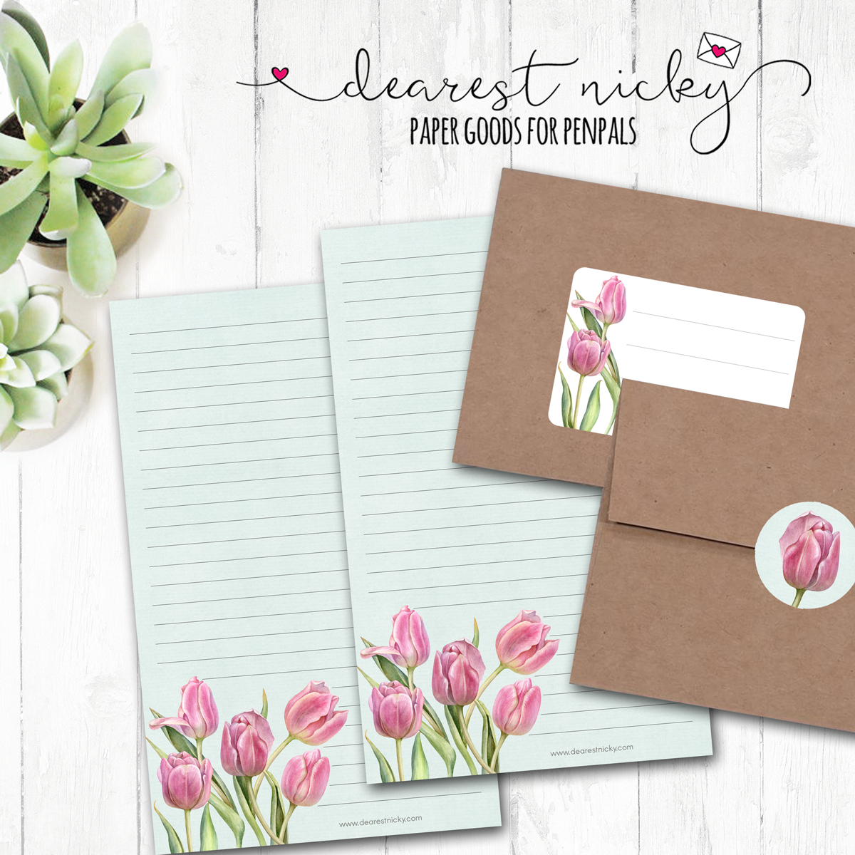 Pink Tulips Envelope Seals - Set of 30 Stickers