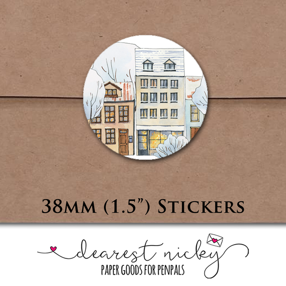 Snowy Rooftops Envelope Seals <br> Set of 30 Stickers