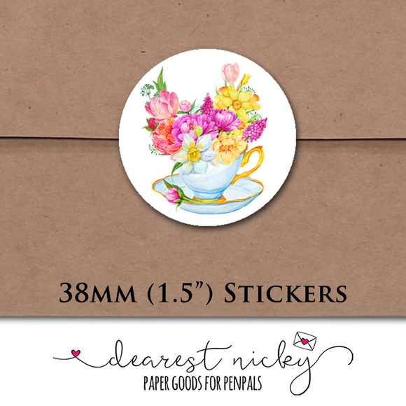 Teacup Bouquet Envelope Seals <br> Set of 30 Stickers
