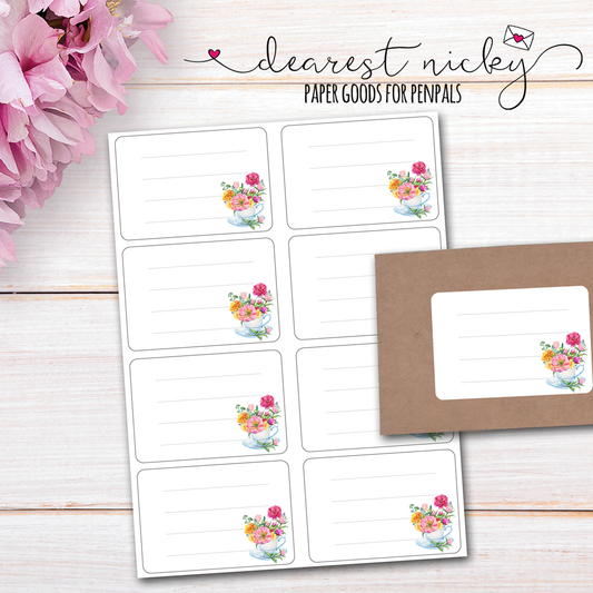 Teacup Bouquet Mailing Address Labels - Set of 16