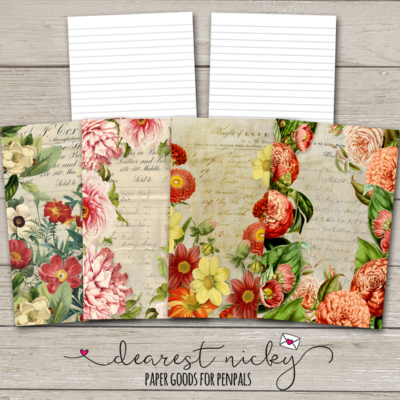 Vintage Floral Double Sided Letter Writing Paper - Lined on One Side- 16 sheets